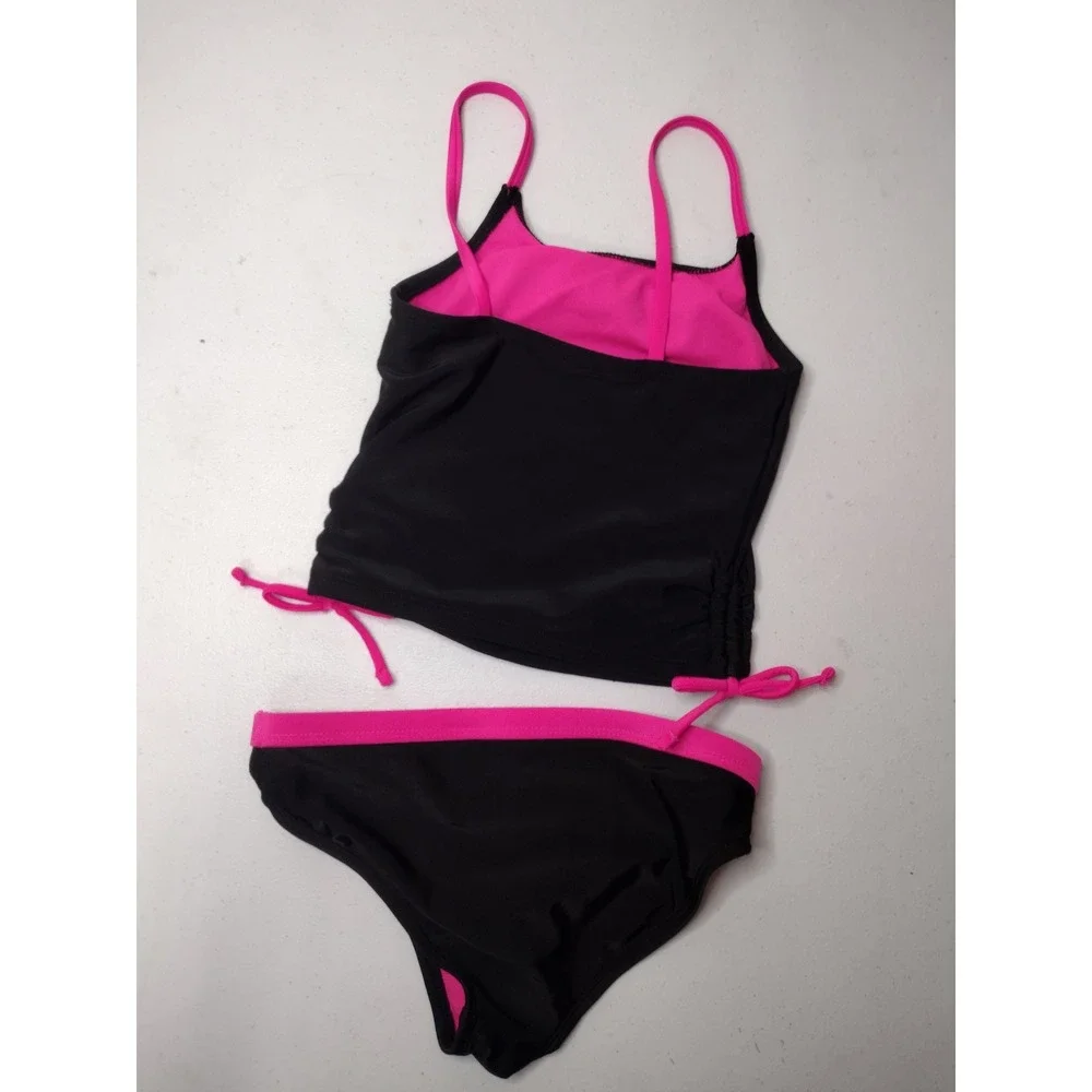 Wonder Nation Girls Black Hot Pink Cinch Side Tankini Swimsuit Set Size S 6-6X